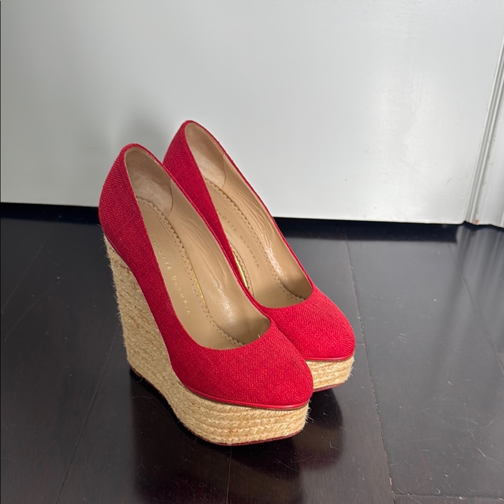 Charlotte Olympia Red Wedge Heels Suede Slip-On